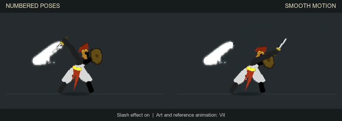 The Collector sword fighter shown twice: numbered poses on the left and smooth motion on the right, both with a white slash effect.
